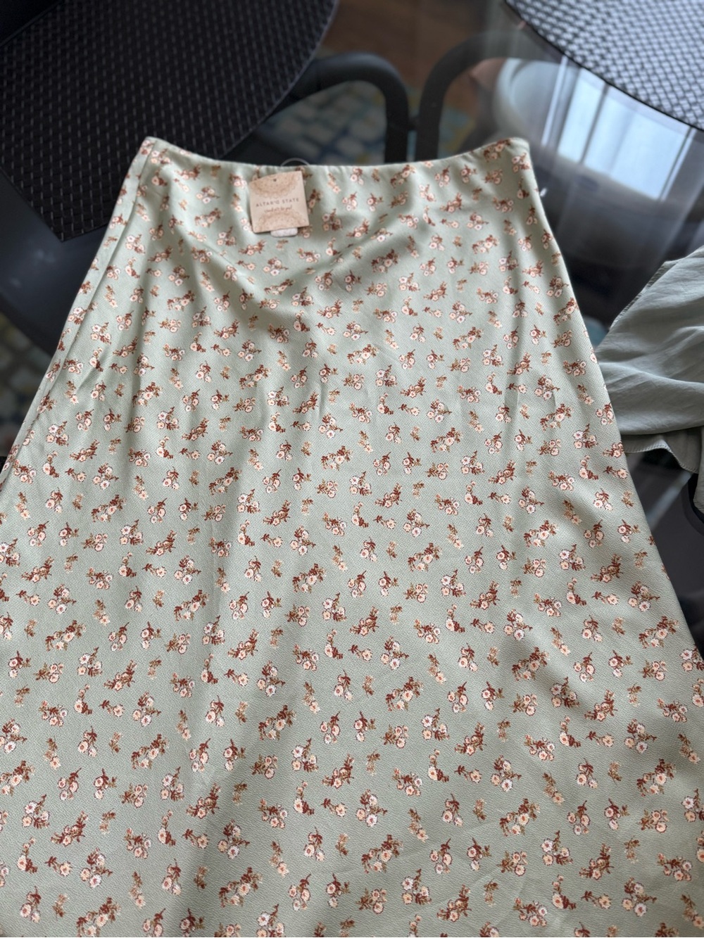 Altar'd State Sage Green Floral A-Line Midi Skirt